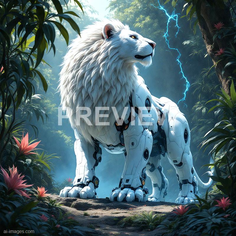 The image depicts a majestic creature with the body of a robotic lion and the head of a real lion, set against a lush, dense jungle background. The lion's mane is detailed and realistic, while its body appears to be made of sleek, white mechanical parts with visible joints and panels. Lightning strikes in the background, adding a dramatic and powerful atmosphere to the scene.